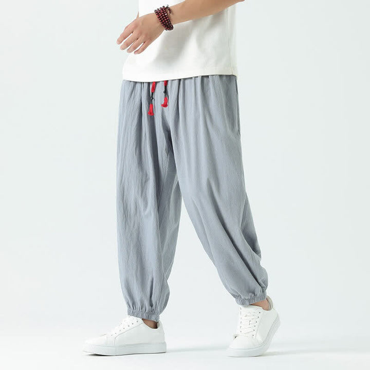 Buddha Stones Pantaloni corti da uomo estivi casual boho con coulisse in cotone tinta unita, modello harem con tasca - Blu acciaio chiaro - US/UK/AU46, EU56 (5XL) - image 0