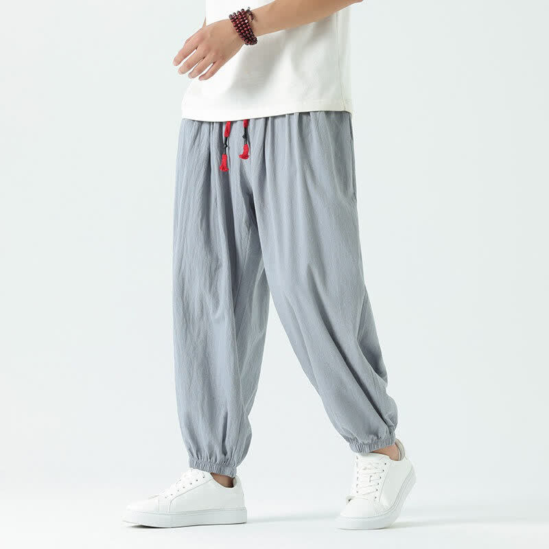 Buddha Stones Pantaloni corti da uomo estivi casual boho con coulisse in cotone tinta unita, modello harem con tasca - Blu acciaio chiaro - US/UK/AU46, EU56 (5XL) - image 0