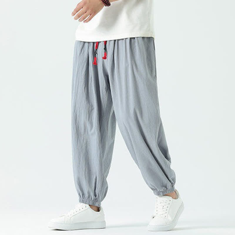 Buddha Stones Pantaloni corti da uomo estivi casual boho con coulisse in cotone tinta unita, modello harem con tasca - image 2