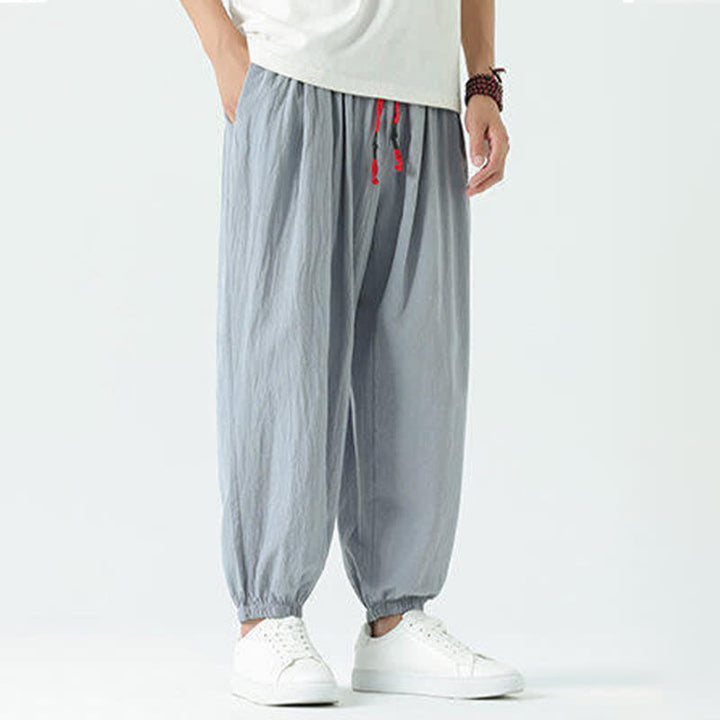 Buddha Stones Pantaloni corti da uomo estivi casual boho con coulisse in cotone tinta unita, modello harem con tasca - image 5