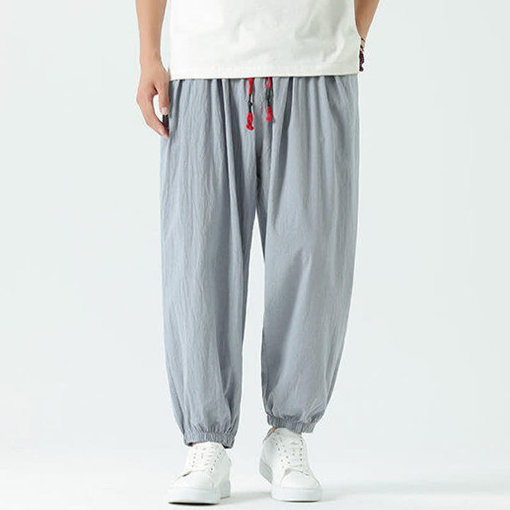 Buddha Stones Pantaloni corti da uomo estivi casual boho con coulisse in cotone tinta unita, modello harem con tasca - image 3