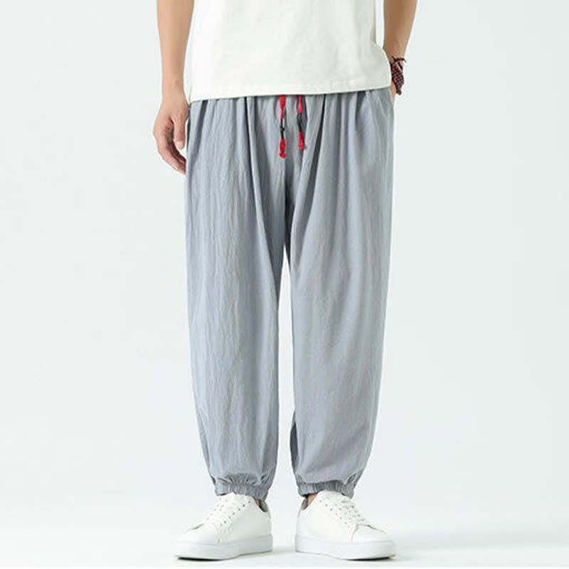 Buddha Stones Pantaloni corti da uomo estivi casual boho con coulisse in cotone tinta unita, modello harem con tasca - image 7