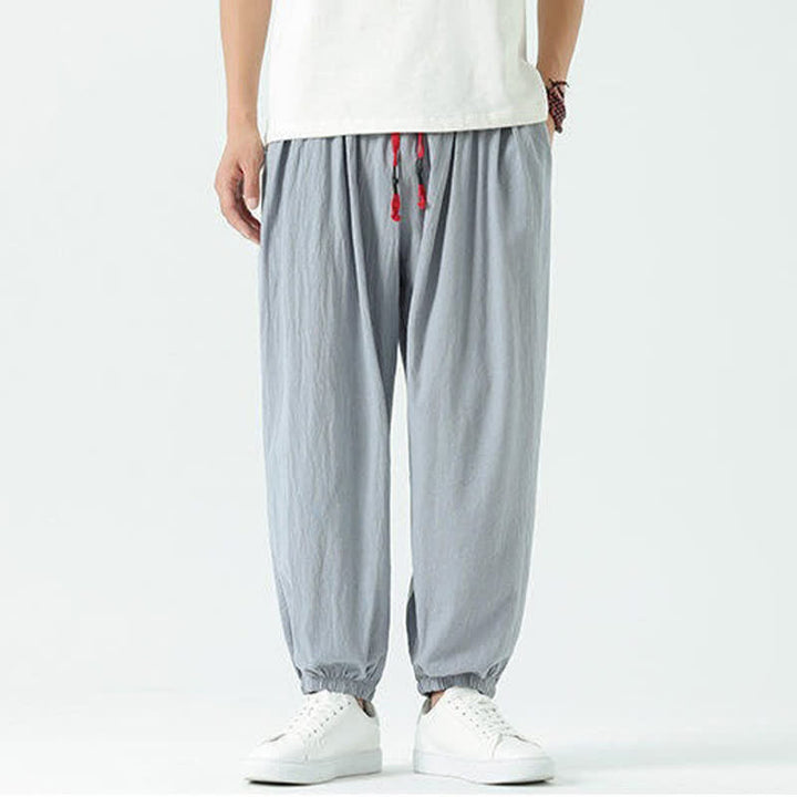 Buddha Stones Pantaloni corti da uomo estivi casual boho con coulisse in cotone tinta unita, modello harem con tasca - image 7