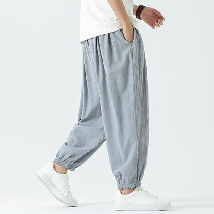Buddha Stones Pantaloni corti da uomo estivi casual boho con coulisse in cotone tinta unita, modello harem con tasca - image 6