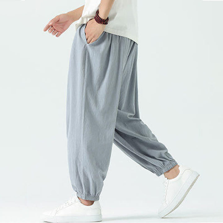 Buddha Stones Pantaloni corti da uomo estivi casual boho con coulisse in cotone tinta unita, modello harem con tasca - image 4