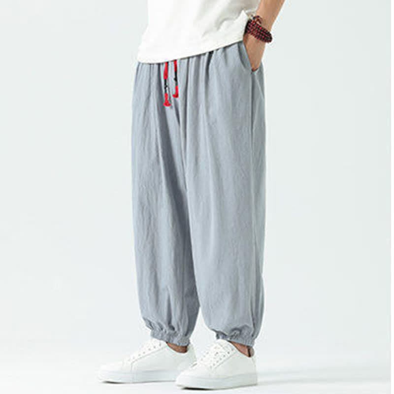 Buddha Stones Pantaloni corti da uomo estivi casual boho con coulisse in cotone tinta unita, modello harem con tasca - image 8