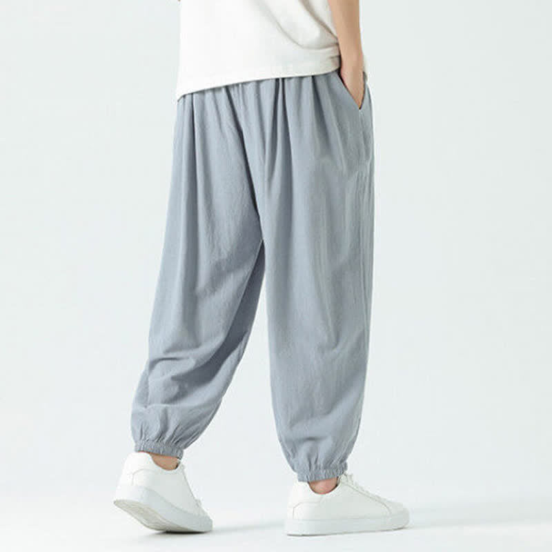 Buddha Stones Pantaloni corti da uomo estivi casual boho con coulisse in cotone tinta unita, modello harem con tasca - image 9