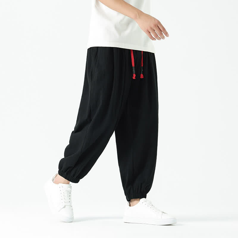 Buddha Stones Pantaloni corti da uomo estivi casual boho con coulisse in cotone tinta unita, modello harem con tasca - image 11