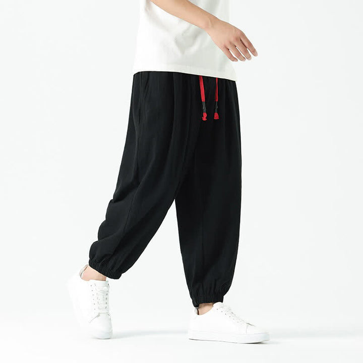 Buddha Stones Pantaloni corti da uomo estivi casual boho con coulisse in cotone tinta unita, modello harem con tasca - image 11