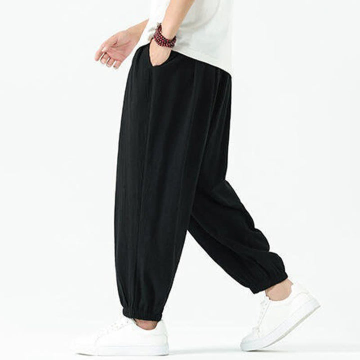 Buddha Stones Pantaloni corti da uomo estivi casual boho con coulisse in cotone tinta unita, modello harem con tasca - image 17