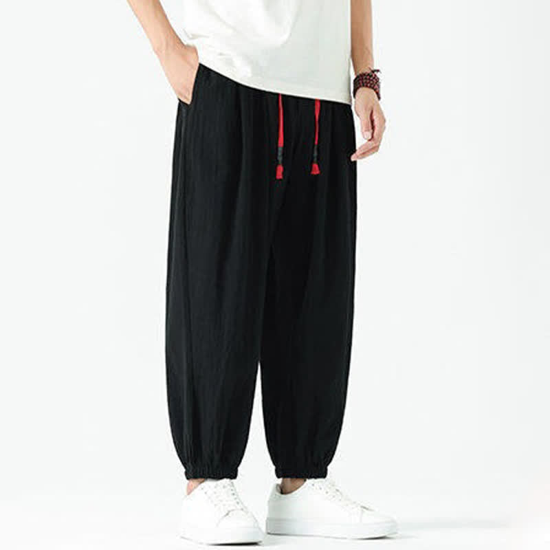 Buddha Stones Pantaloni corti da uomo estivi casual boho con coulisse in cotone tinta unita, modello harem con tasca - image 12