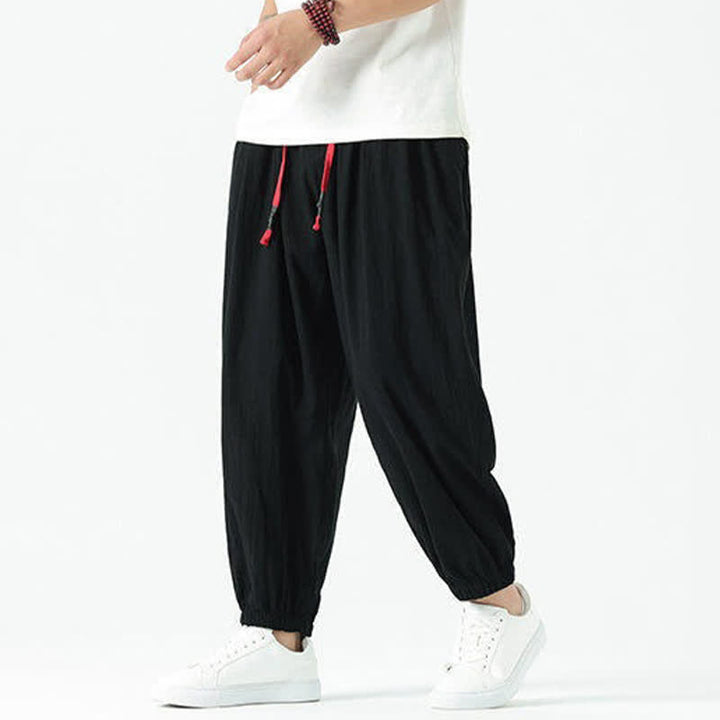 Buddha Stones Pantaloni corti da uomo estivi casual boho con coulisse in cotone tinta unita, modello harem con tasca - Nero - US/UK/AU46, EU56 (5XL) - image 10