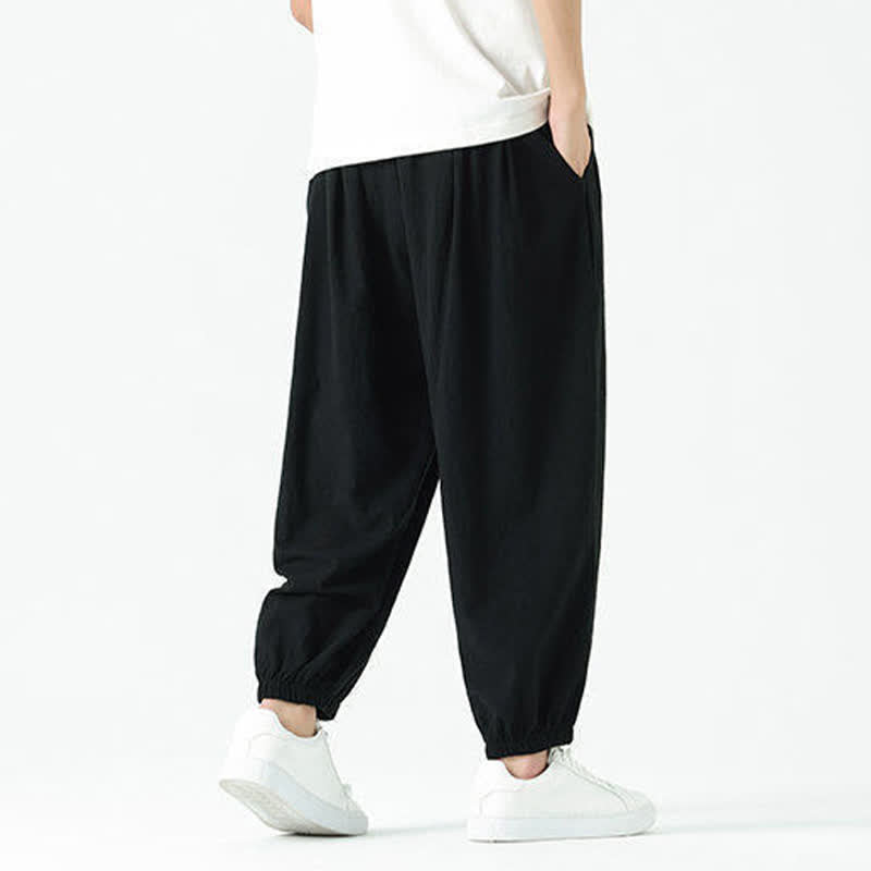 Buddha Stones Pantaloni corti da uomo estivi casual boho con coulisse in cotone tinta unita, modello harem con tasca - image 14