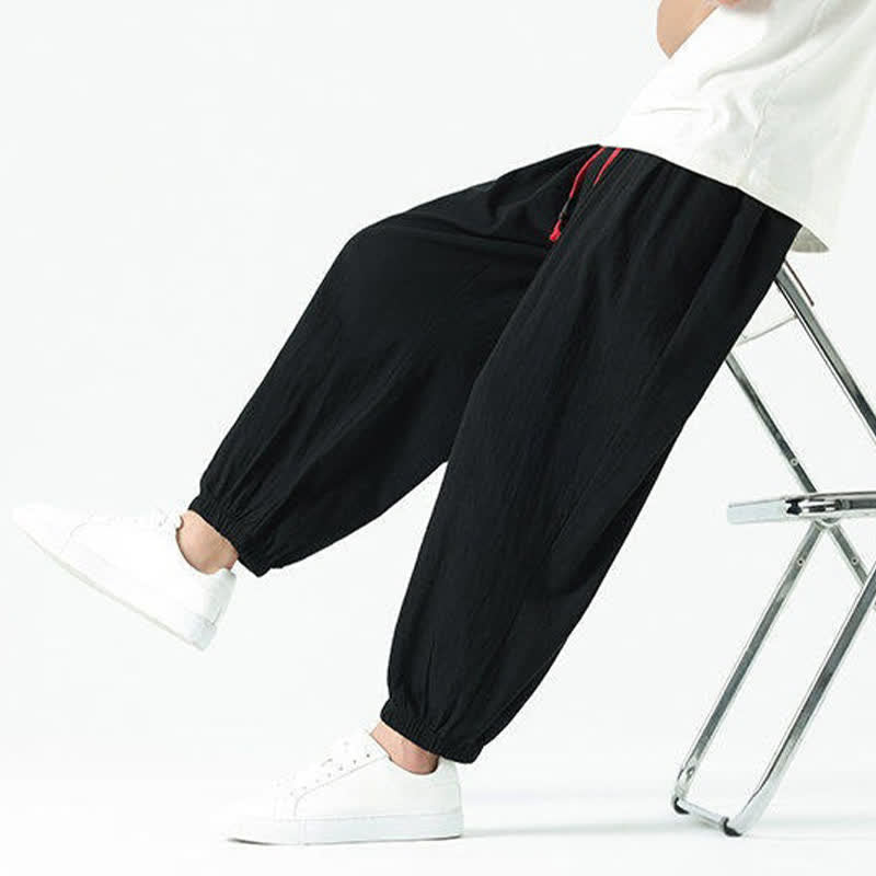 Buddha Stones Pantaloni corti da uomo estivi casual boho con coulisse in cotone tinta unita, modello harem con tasca - image 18