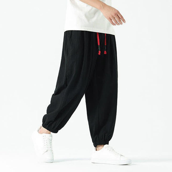 Buddha Stones Pantaloni corti da uomo estivi casual boho con coulisse in cotone tinta unita, modello harem con tasca - image 16