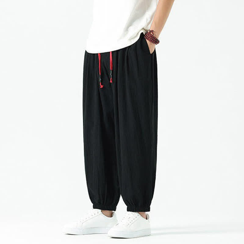 Buddha Stones Pantaloni corti da uomo estivi casual boho con coulisse in cotone tinta unita, modello harem con tasca - image 13