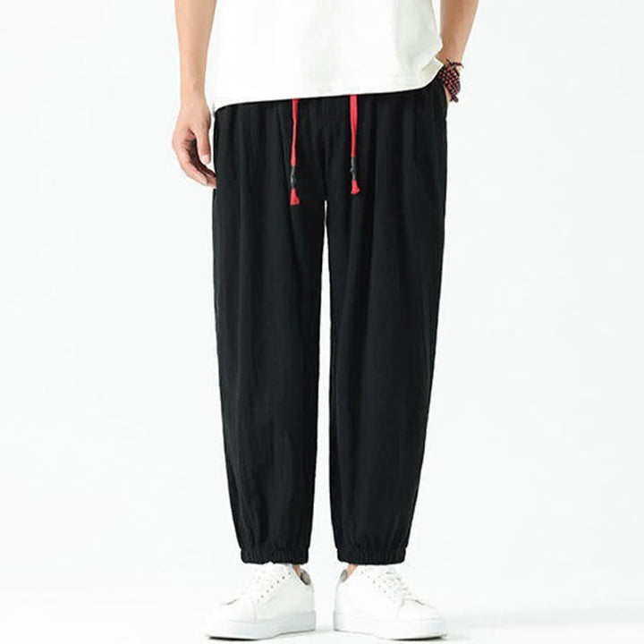 Buddha Stones Pantaloni corti da uomo estivi casual boho con coulisse in cotone tinta unita, modello harem con tasca - image 15