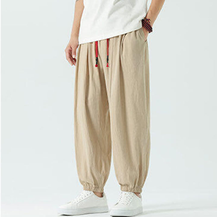 Buddha Stones Pantaloni corti da uomo estivi casual boho con coulisse in cotone tinta unita, modello harem con tasca - image 26
