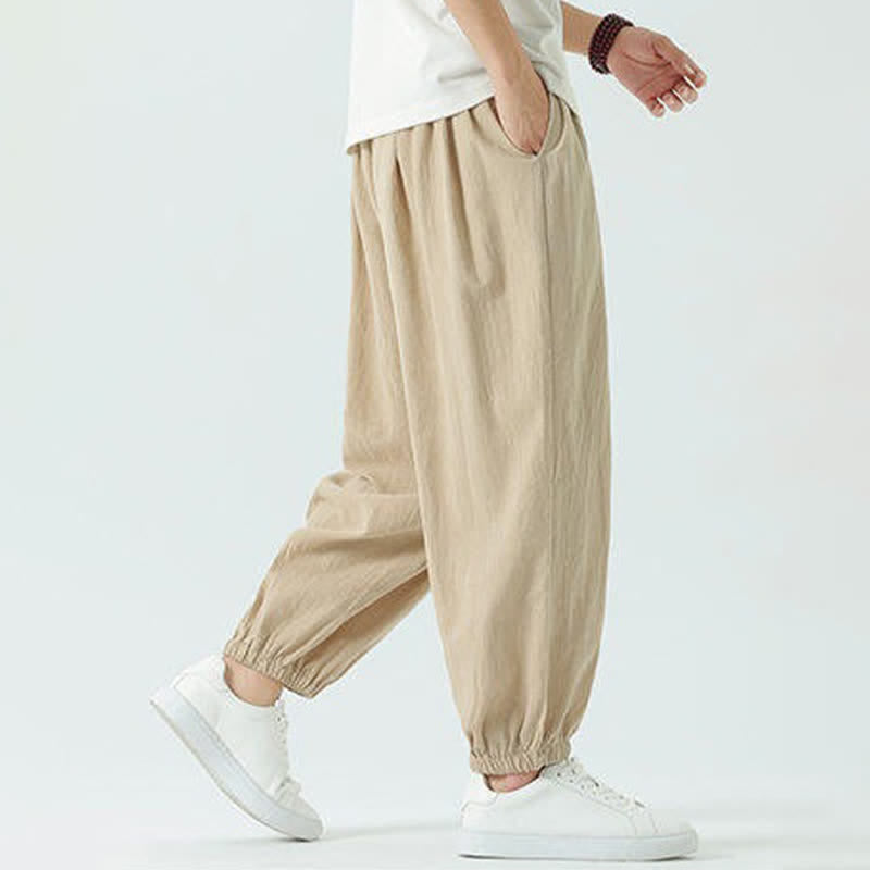 Buddha Stones Pantaloni corti da uomo estivi casual boho con coulisse in cotone tinta unita, modello harem con tasca - image 21