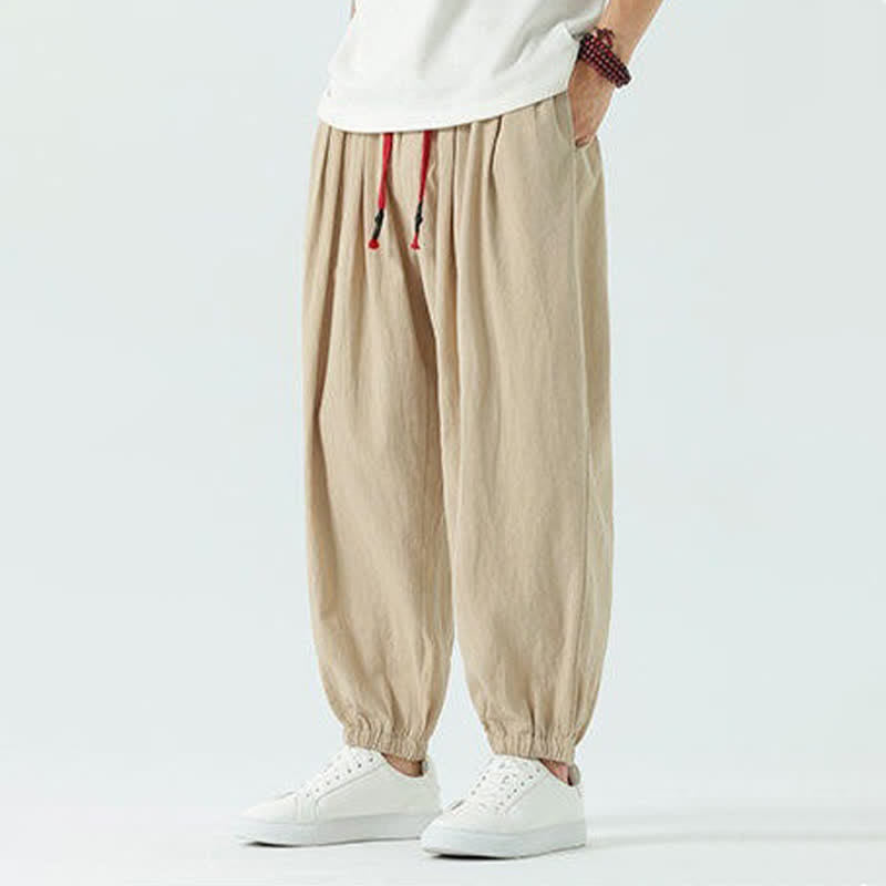 Buddha Stones Pantaloni corti da uomo estivi casual boho con coulisse in cotone tinta unita, modello harem con tasca - image 25