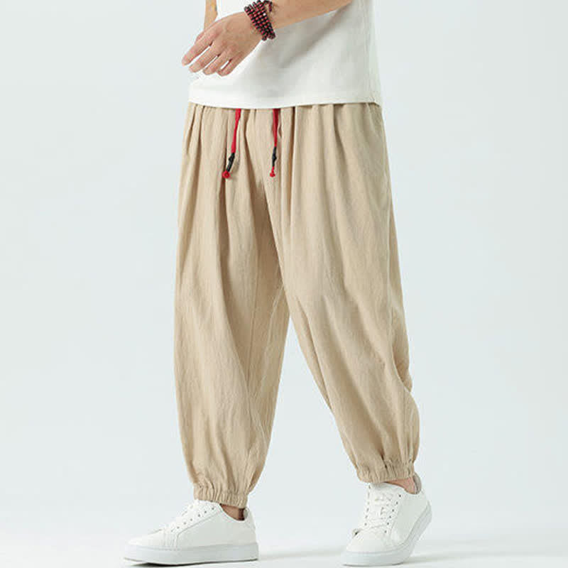 Buddha Stones Pantaloni corti da uomo estivi casual boho con coulisse in cotone tinta unita, modello harem con tasca - Tan - US/UK/AU46, EU56 (5XL) - image 19
