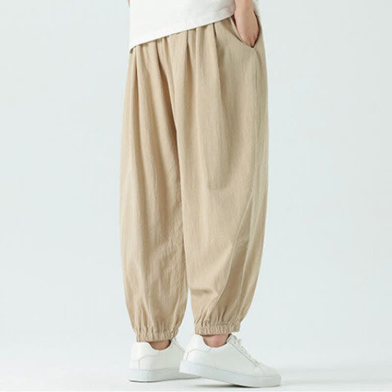 Buddha Stones Pantaloni corti da uomo estivi casual boho con coulisse in cotone tinta unita, modello harem con tasca - image 23