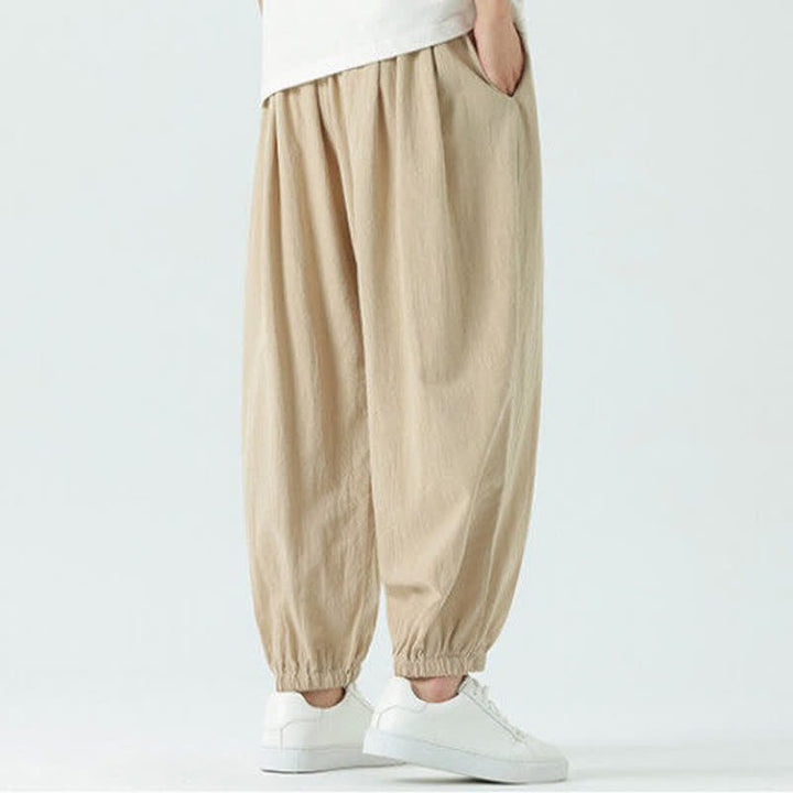 Buddha Stones Pantaloni corti da uomo estivi casual boho con coulisse in cotone tinta unita, modello harem con tasca - image 23