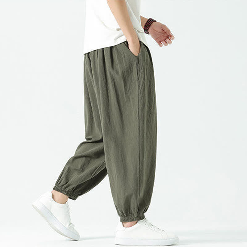 Buddha Stones Pantaloni corti da uomo estivi casual boho con coulisse in cotone tinta unita, modello harem con tasca - image 30