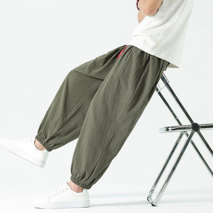 Buddha Stones Pantaloni corti da uomo estivi casual boho con coulisse in cotone tinta unita, modello harem con tasca - image 34
