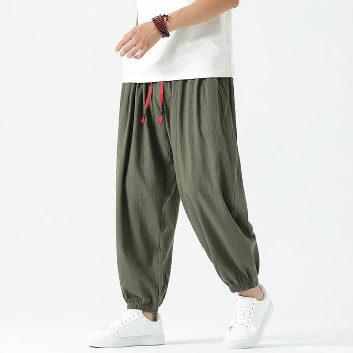 Buddha Stones Pantaloni corti da uomo estivi casual boho con coulisse in cotone tinta unita, modello harem con tasca - Verde oliva scuro - US/UK/AU46, EU56 (5XL) - image 28