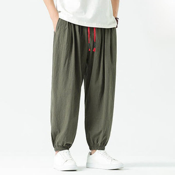Buddha Stones Pantaloni corti da uomo estivi casual boho con coulisse in cotone tinta unita, modello harem con tasca - image 31