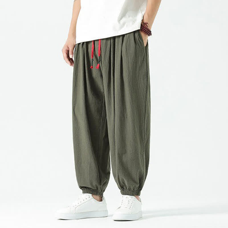 Buddha Stones Pantaloni corti da uomo estivi casual boho con coulisse in cotone tinta unita, modello harem con tasca - image 32