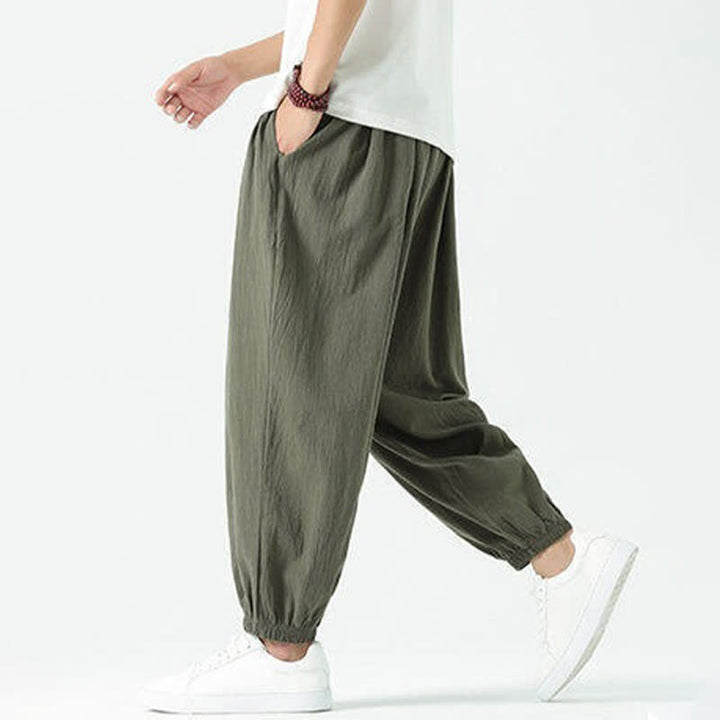 Buddha Stones Pantaloni corti da uomo estivi casual boho con coulisse in cotone tinta unita, modello harem con tasca - image 33