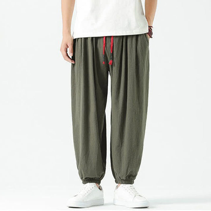 Buddha Stones Pantaloni corti da uomo estivi casual boho con coulisse in cotone tinta unita, modello harem con tasca - image 29