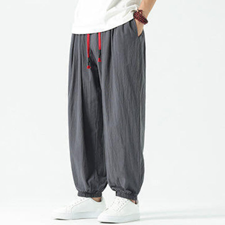 Buddha Stones Pantaloni corti da uomo estivi casual boho con coulisse in cotone tinta unita, modello harem con tasca - image 41