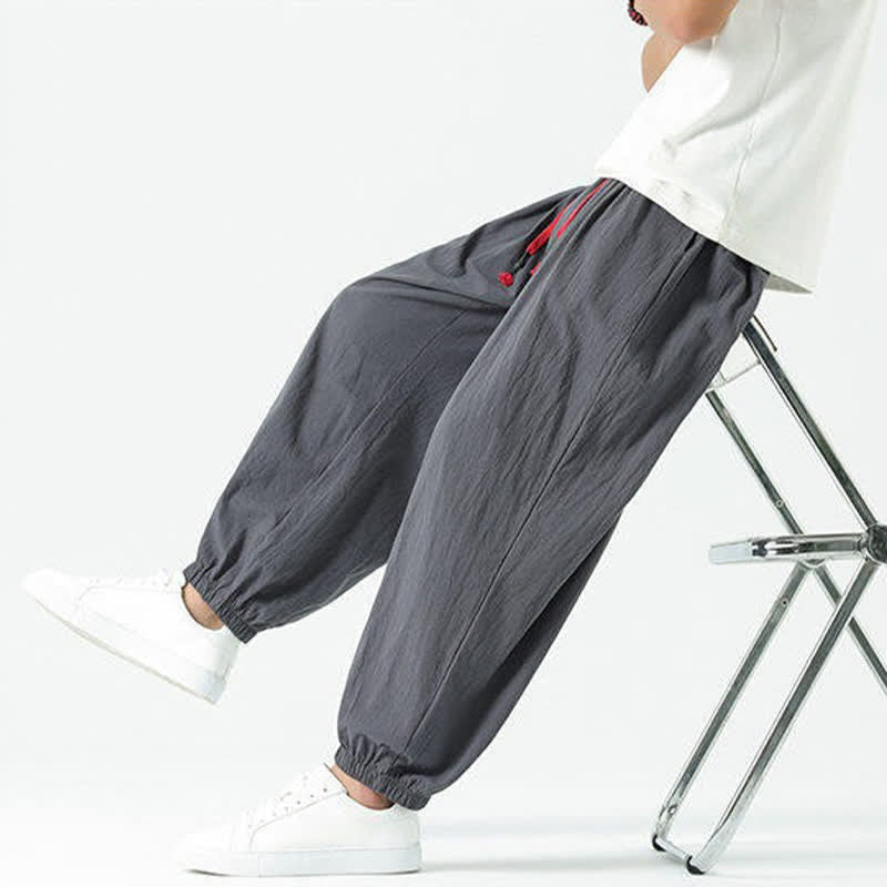 Buddha Stones Pantaloni corti da uomo estivi casual boho con coulisse in cotone tinta unita, modello harem con tasca - image 44