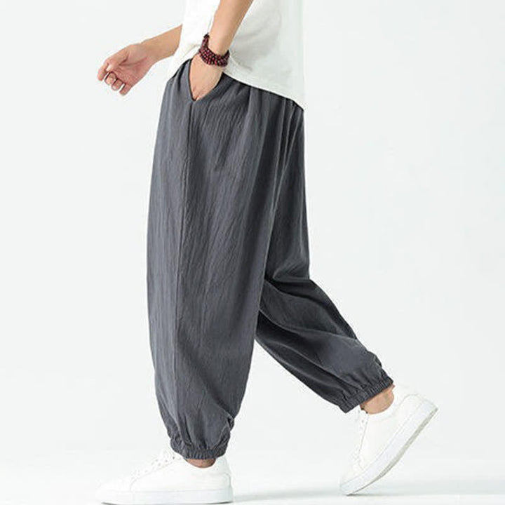 Buddha Stones Pantaloni corti da uomo estivi casual boho con coulisse in cotone tinta unita, modello harem con tasca - image 38