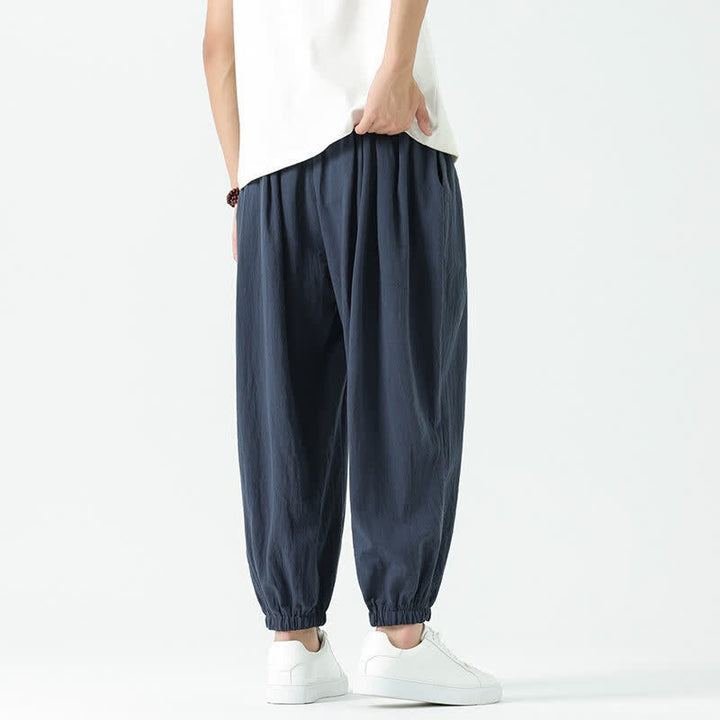 Buddha Stones Pantaloni corti da uomo estivi casual boho con coulisse in cotone tinta unita, modello harem con tasca - image 46