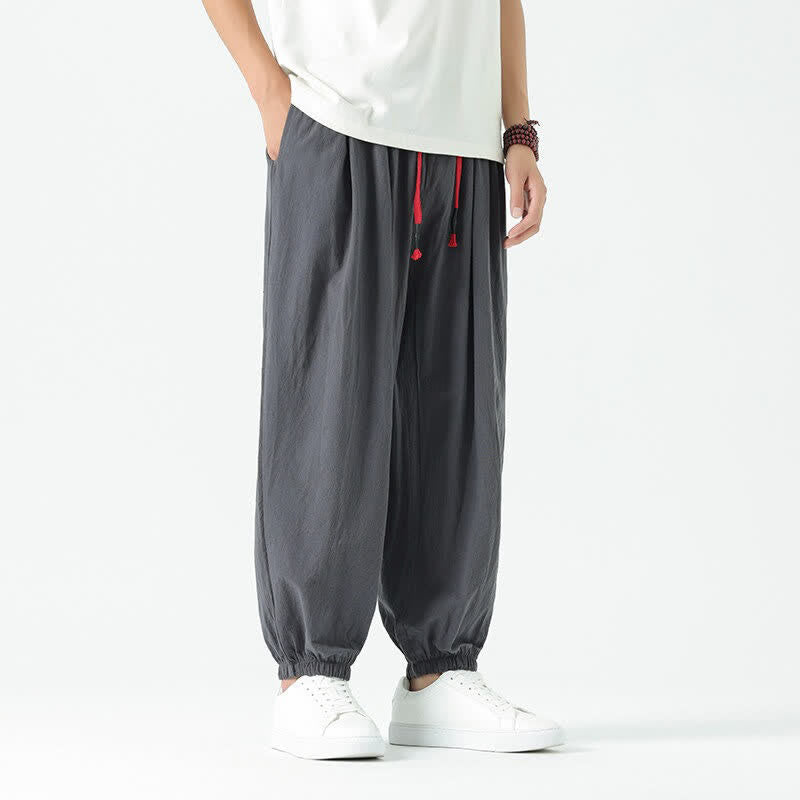 Buddha Stones Pantaloni corti da uomo estivi casual boho con coulisse in cotone tinta unita, modello harem con tasca - image 40