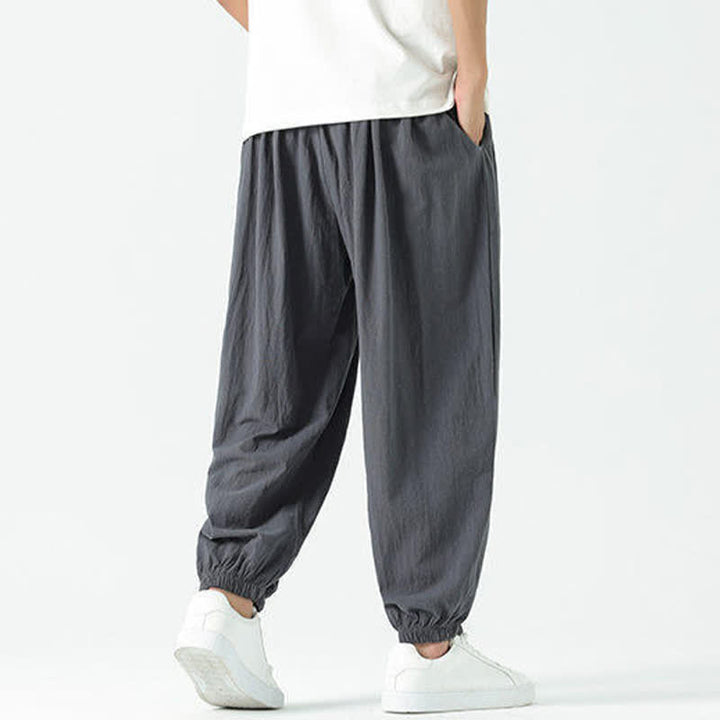 Buddha Stones Pantaloni corti da uomo estivi casual boho con coulisse in cotone tinta unita, modello harem con tasca - image 39
