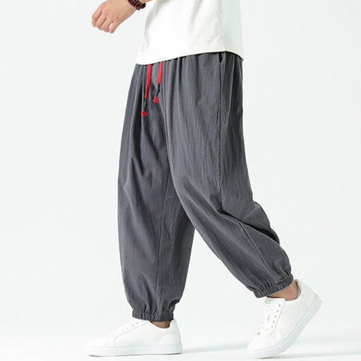 Buddha Stones Pantaloni corti da uomo estivi casual boho con coulisse in cotone tinta unita, modello harem con tasca - Grigio tenue - US/UK/AU46, EU56 (5XL) - image 35