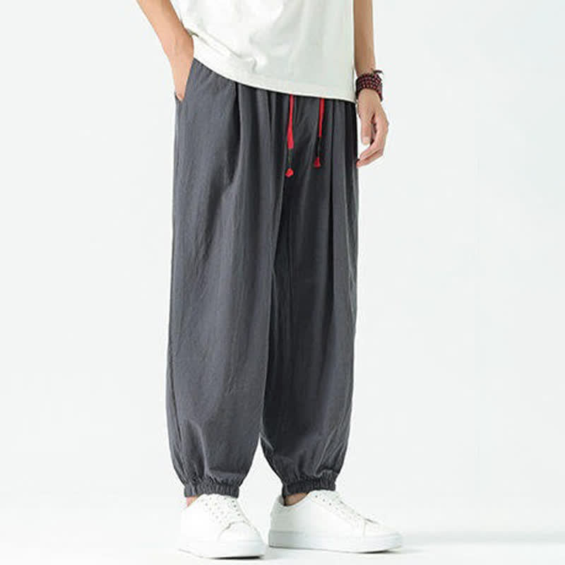 Buddha Stones Pantaloni corti da uomo estivi casual boho con coulisse in cotone tinta unita, modello harem con tasca - image 43