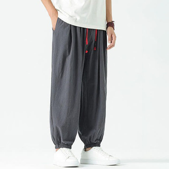 Buddha Stones Pantaloni corti da uomo estivi casual boho con coulisse in cotone tinta unita, modello harem con tasca - image 43