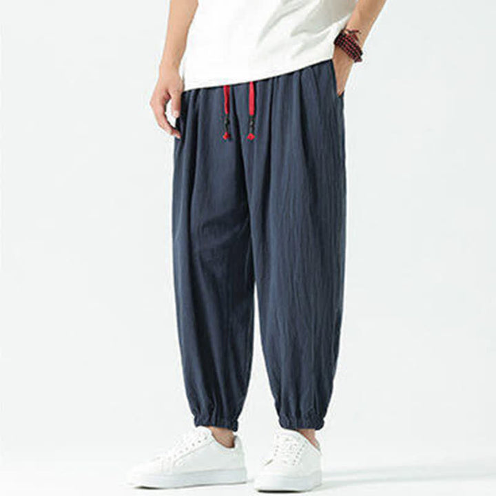 Buddha Stones Pantaloni corti da uomo estivi casual boho con coulisse in cotone tinta unita, modello harem con tasca - Blu notte - US/UK/AU46, EU56 (5XL) - image 45