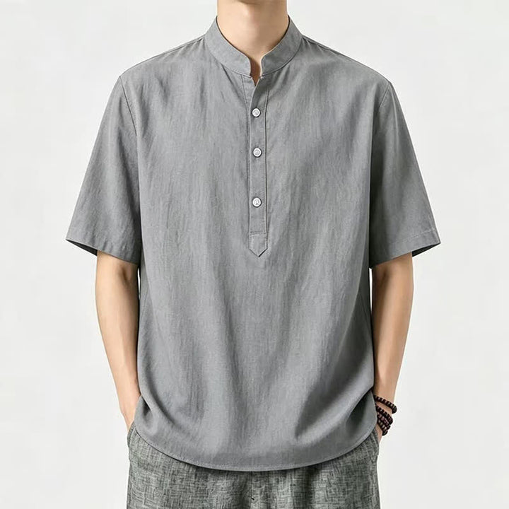 Buddha Stones Camicia da uomo estiva casual a maniche corte con colletto alla coreana. - Grigio - US/UK/AU46, EU56 (5XL) - image 4