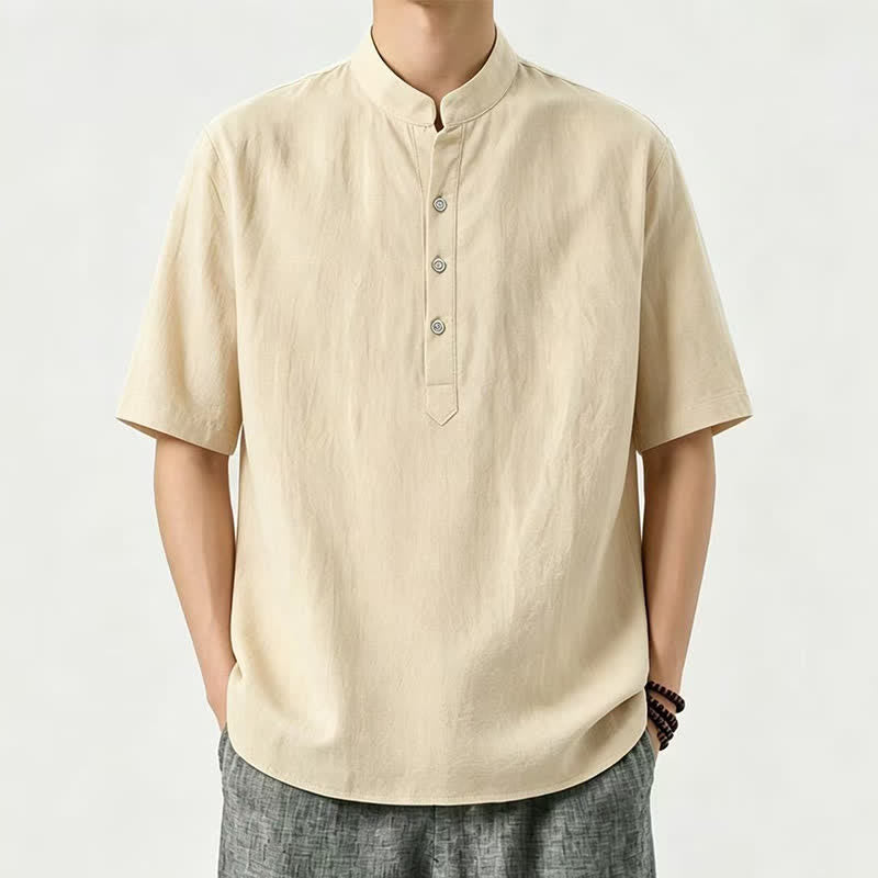 Buddha Stones Camicia da uomo estiva casual a maniche corte con colletto alla coreana. - Cachi - US/UK/AU46, EU56 (5XL) - image 0