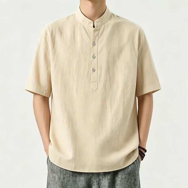 Buddha Stones Camicia da uomo estiva casual a maniche corte con colletto alla coreana. - Cachi - US/UK/AU46, EU56 (5XL) - image 0