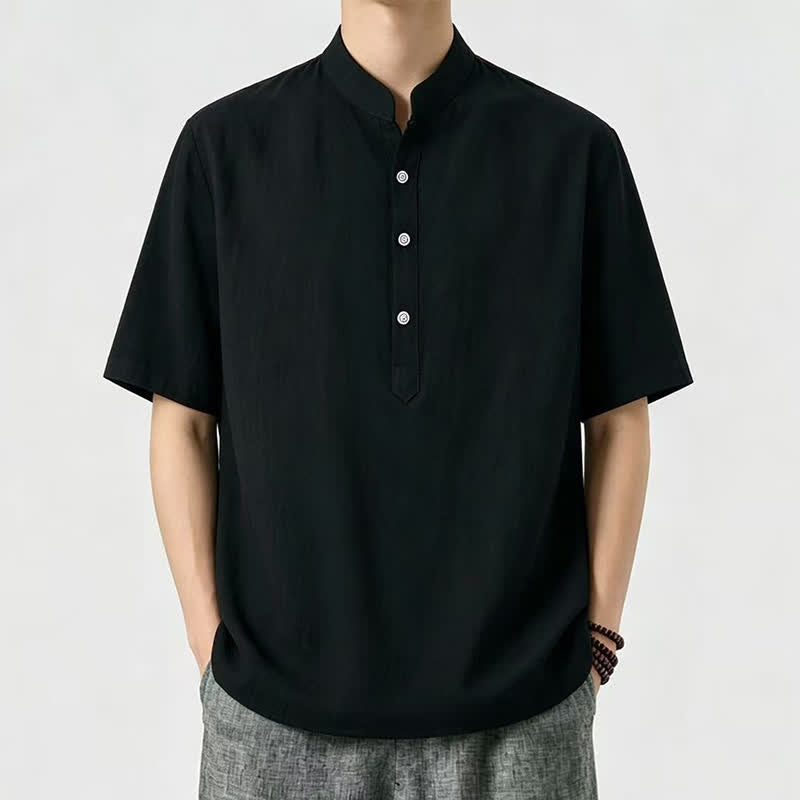 Buddha Stones Camicia da uomo estiva casual a maniche corte con colletto alla coreana. - Nero - US/UK/AU46, EU56 (5XL) - image 2