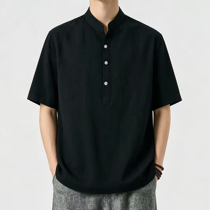Buddha Stones Camicia da uomo estiva casual a maniche corte con colletto alla coreana. - Nero - US/UK/AU46, EU56 (5XL) - image 2