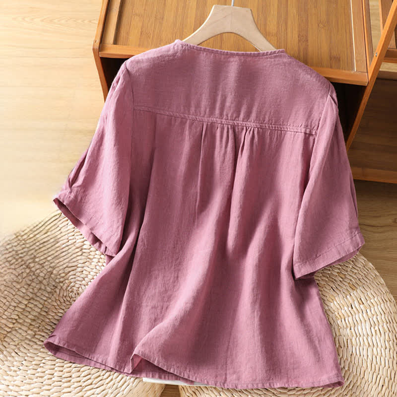 Buddha Stones Camicia da donna estiva casual minimalista a maniche corte con bottoni e taschino applicato, tinta unita. - image 1